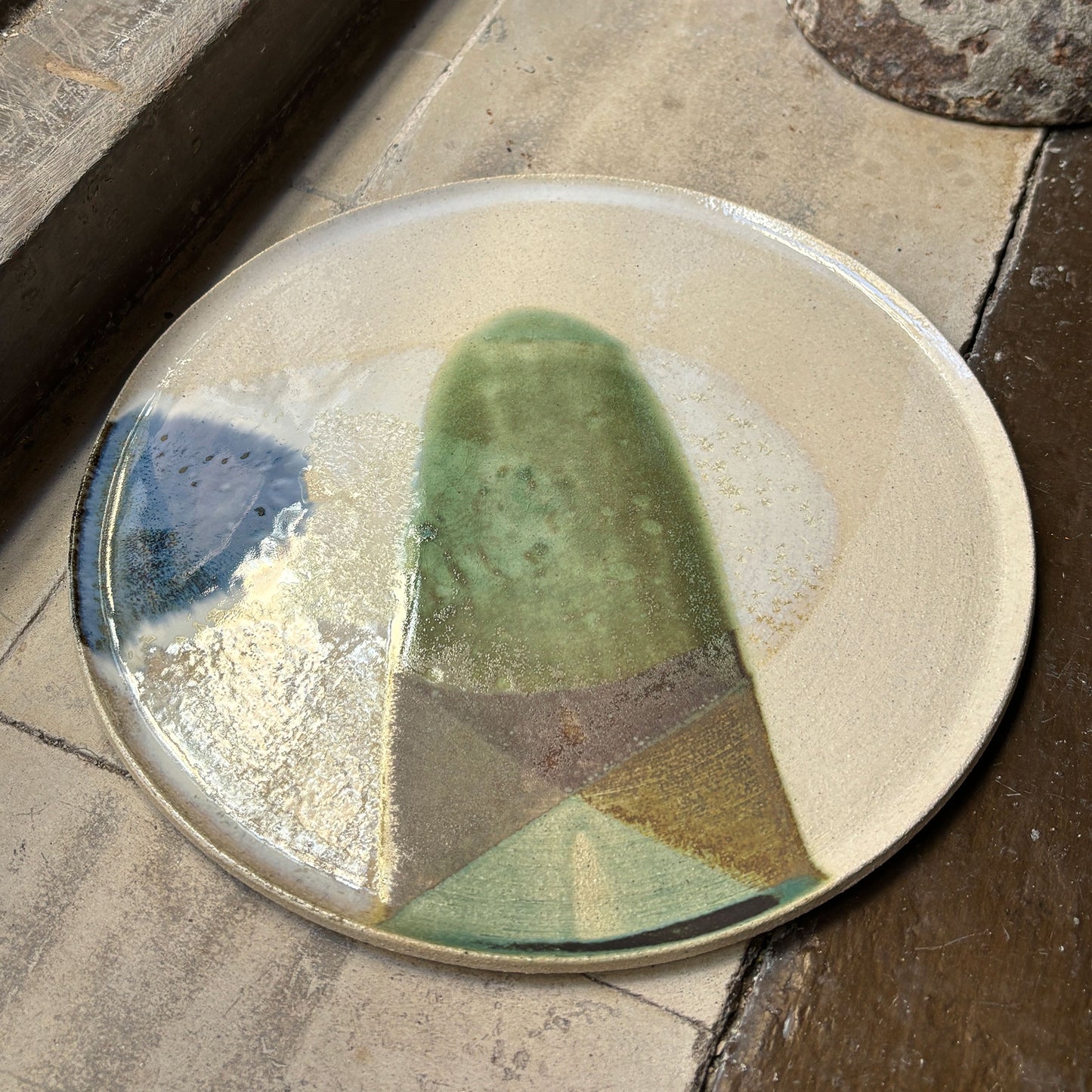 Stoneware plate – WHITE / GREEN BLUE L