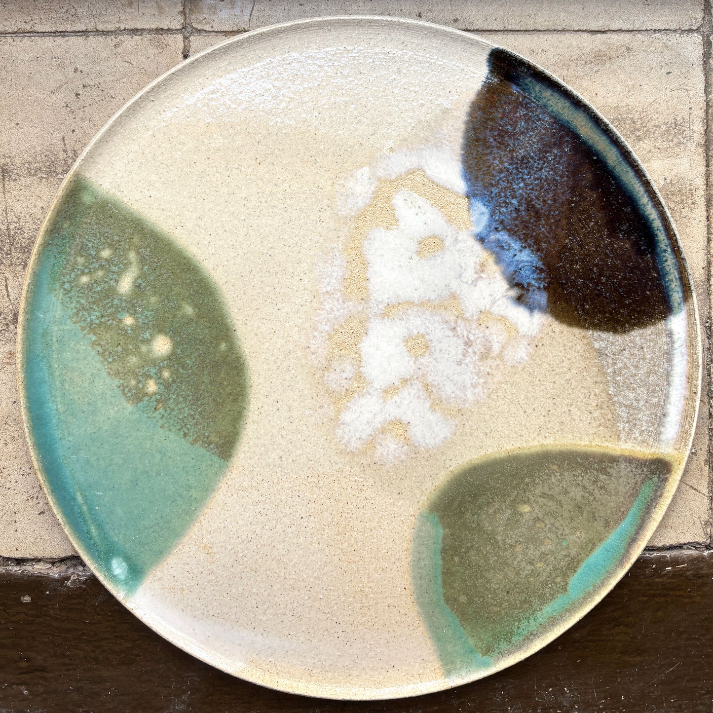 Stoneware plate – WHITE / GREEN BLUE L