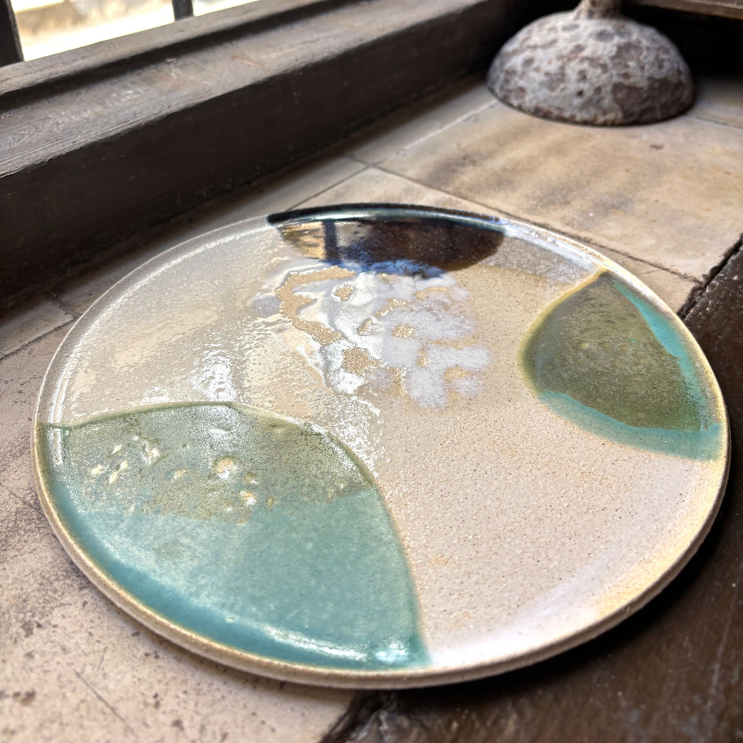 Stoneware plate – WHITE / GREEN BLUE L