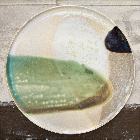 Stoneware plate – WHITE / GREEN BLUE L
